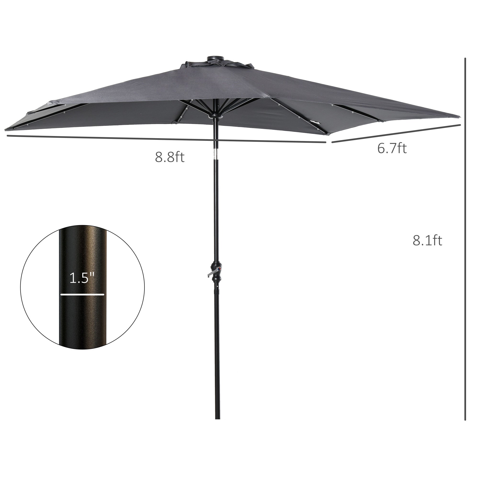 Patio Umbrella Round Solar LED Dark Gray Tiltable 45 Degree Crank