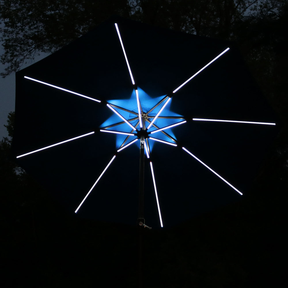 Sunnydaze 9 ft Solar Sunbrella Market Umbrella Pacific Blue evening lit setting