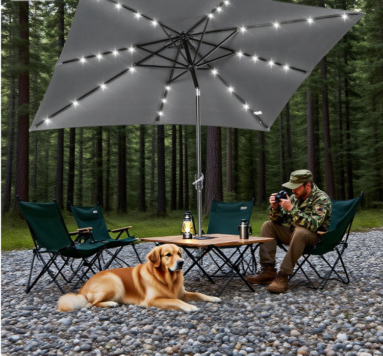 Patio Umbrella Round Solar LED Dark Gray Tiltable 45 Degree Crank
