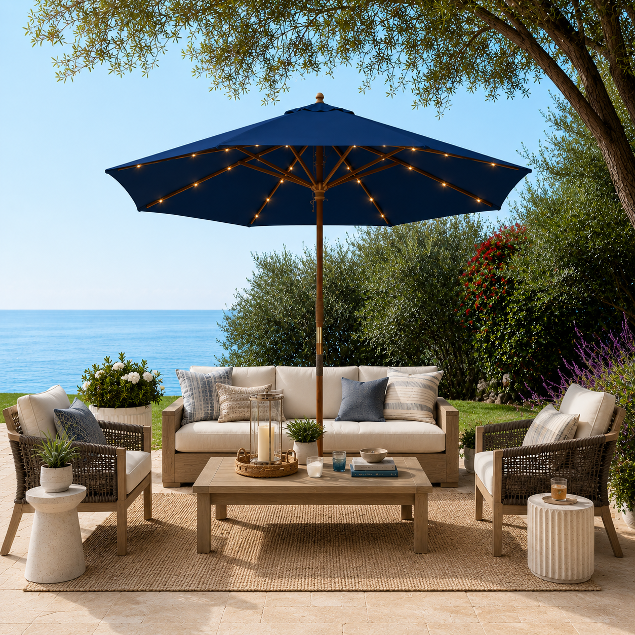 9ft Boho Patio Wood Market Umbrella with Lights