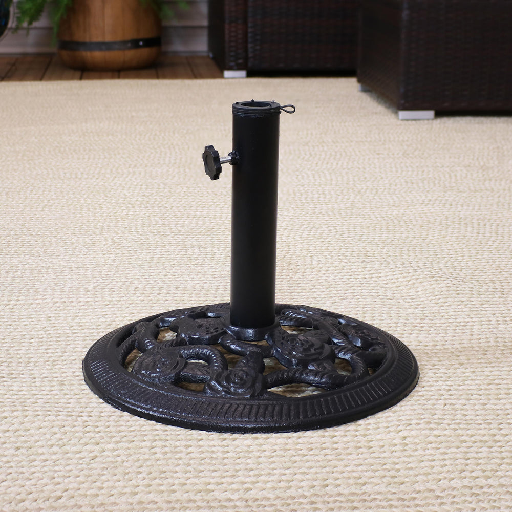 Sunnydaze Rose Blossom Cast Iron Patio Umbrella Base Black lifestyle outdoor