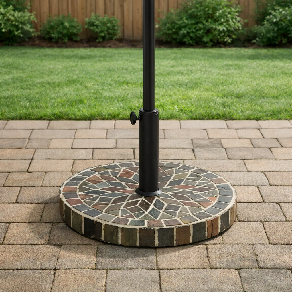 Patio Umbrella Base Round Mosaic Tile Concrete Iron 18.9 In 38-48 mm Pole