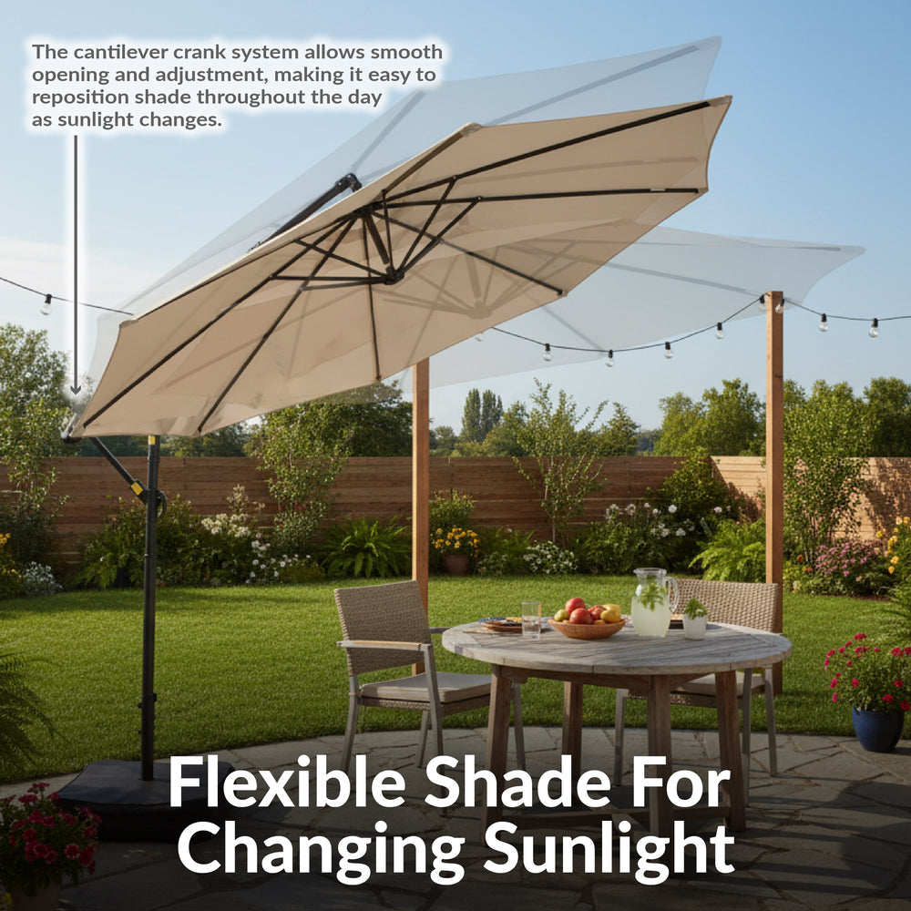 Sunnydaze 10 ft Offset Patio Umbrella with Base Beige outdoor setting