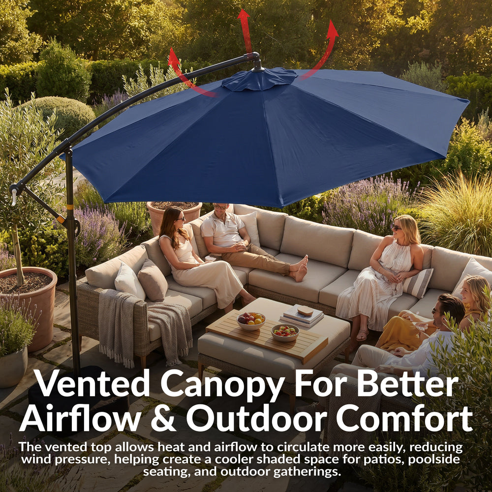 Sunnydaze 10 ft Offset Patio Umbrella with Base Navy outdoor setting