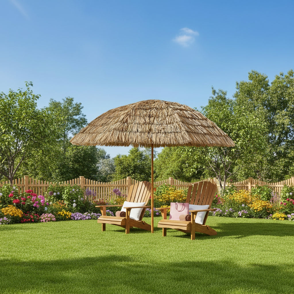 Patio Umbrella Tiki Thatch Style Raffia Brown 8 Ft Tilt Push Button