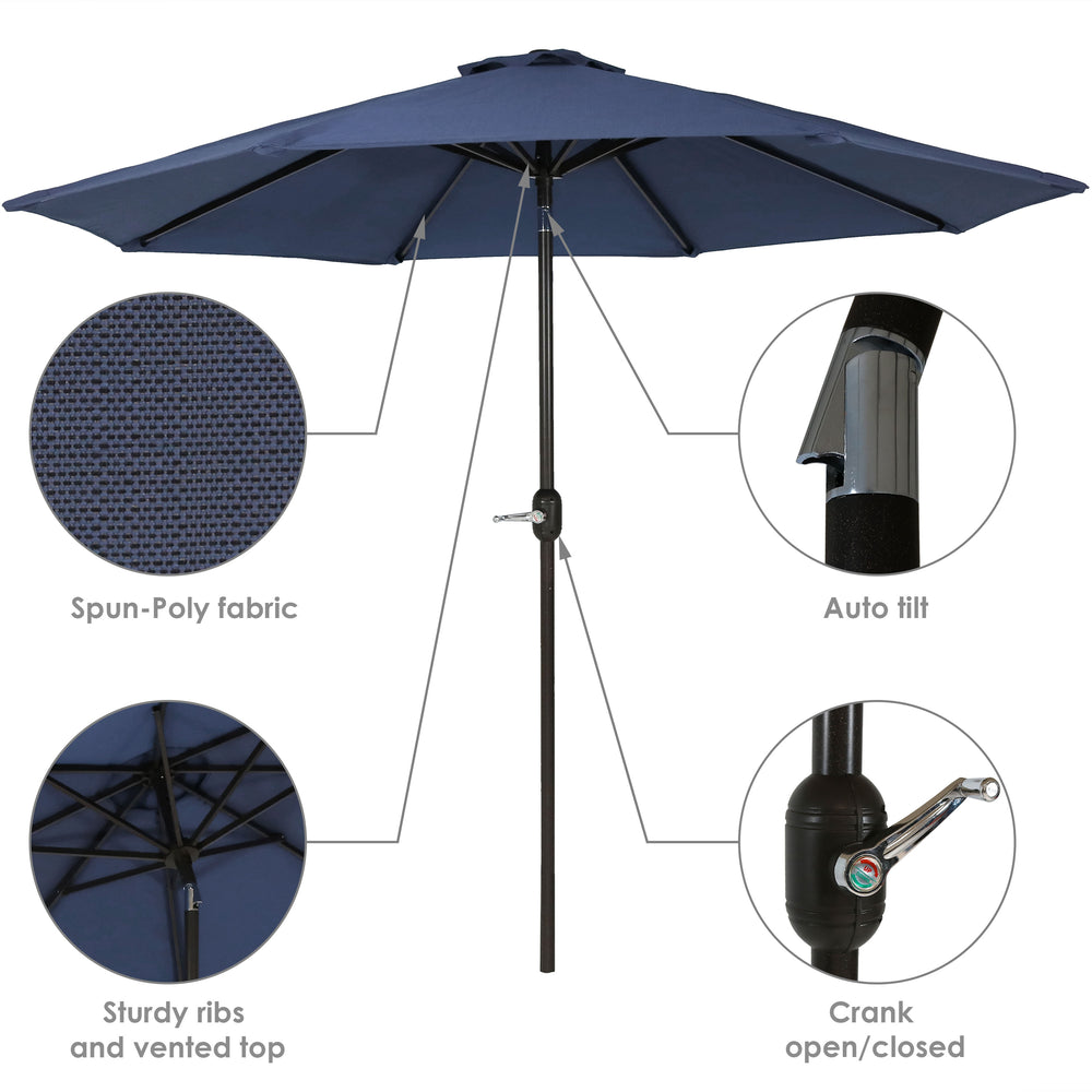 Sunnydaze 9 ft Spun-Poly Market Umbrella Navy Blue auto-tilt crank mechanism