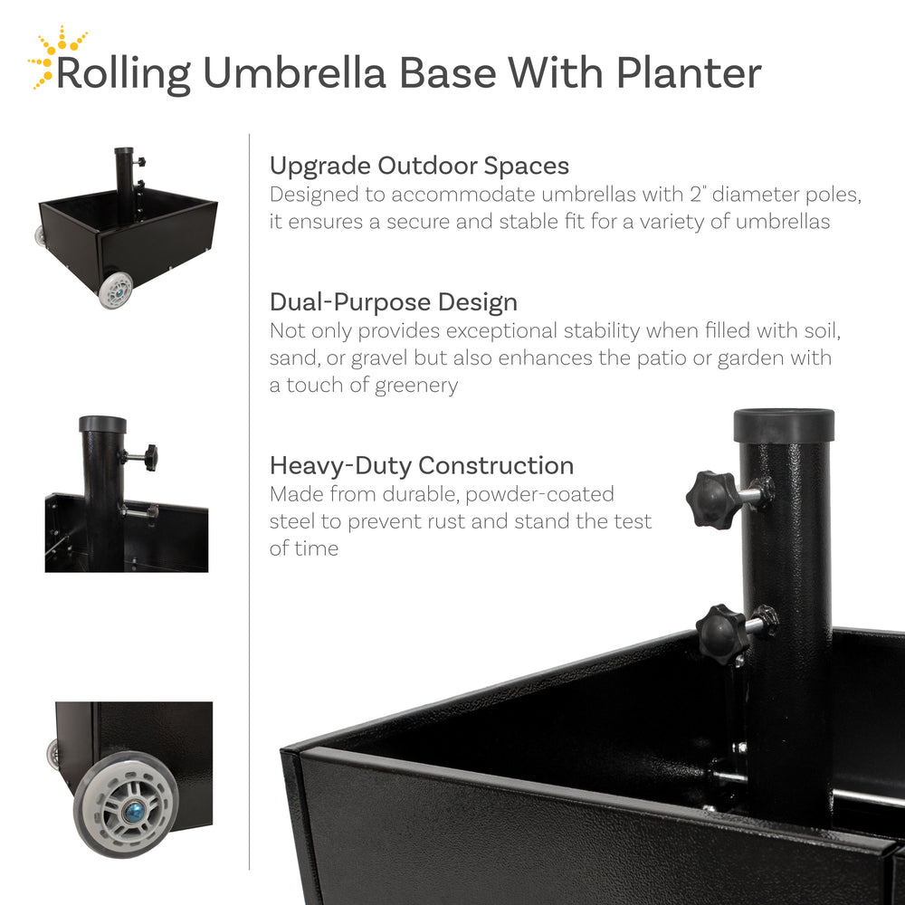 Sunnydaze Umbrella Stand Planter with Wheels Black outdoor patio setting