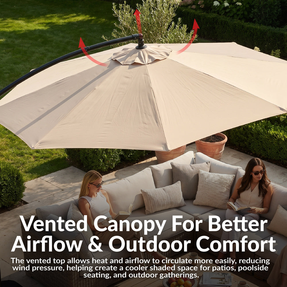 Sunnydaze 10 ft Offset Patio Umbrella with Base Beige vent detail