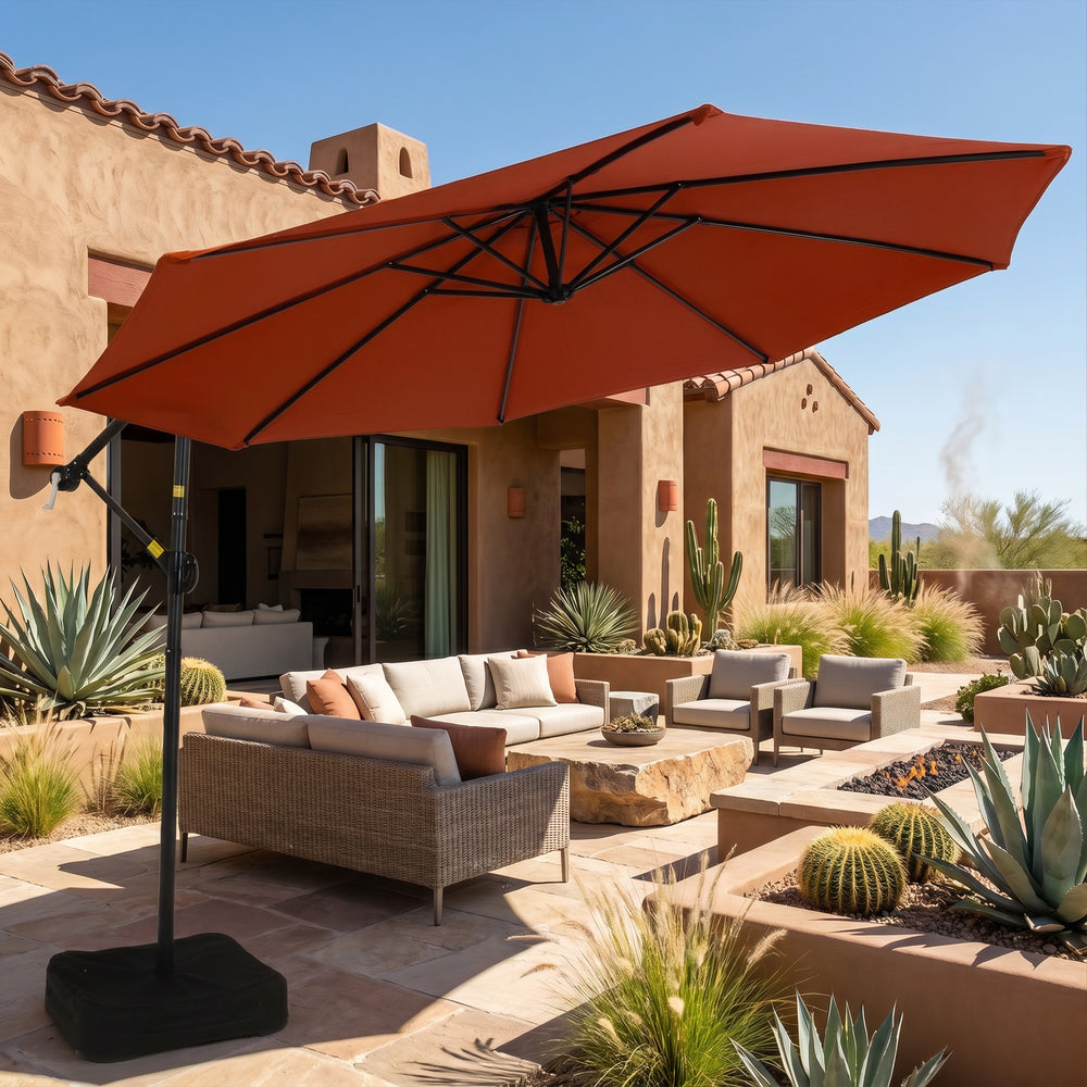 Sunnydaze 10 ft Offset Patio Umbrella with Base Burnt Orange lifestyle outdoor