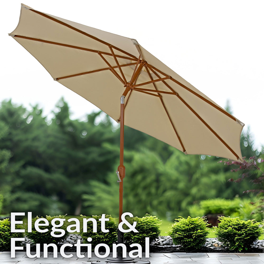 Sunnydaze 8.5 ft Faux Woodgrain Patio Umbrella Beige push button tilt detail