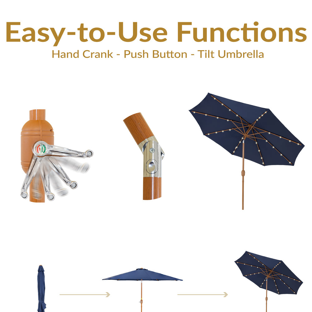 Sunnydaze 8.5 ft Solar Faux Woodgrain Patio Umbrella Navy solar LED lights detail