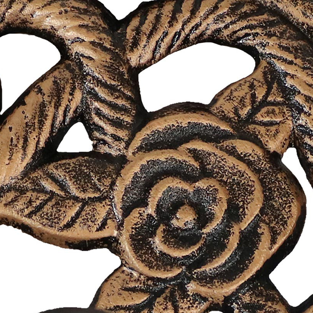 Sunnydaze Rose Blossom Cast Iron Patio Umbrella Base Bronze under table in use