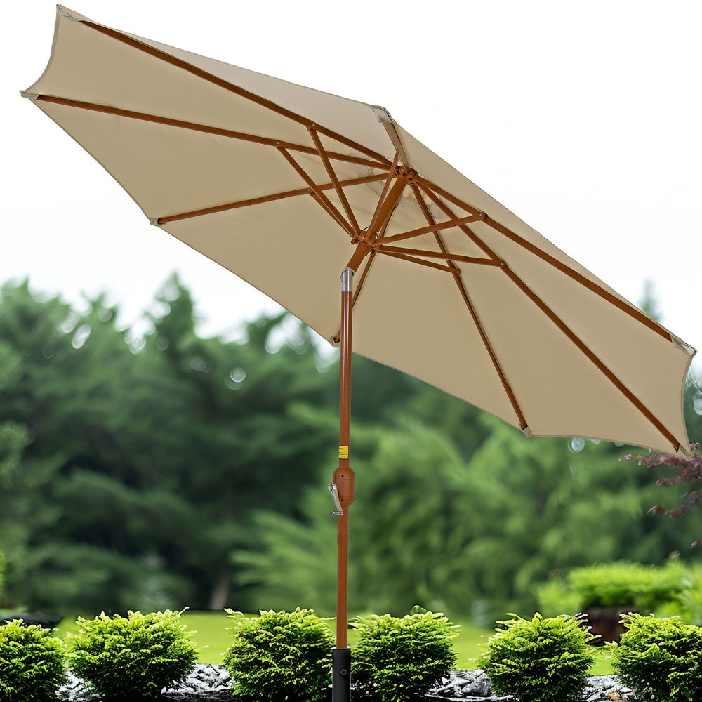 Sunnydaze 8.5 ft Faux Woodgrain Patio Umbrella Beige lifestyle outdoor