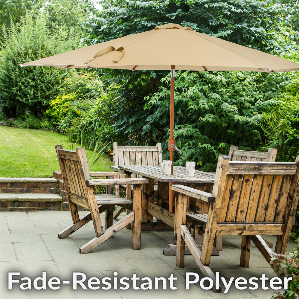 Sunnydaze 8.5 ft Solar Faux Woodgrain Patio Umbrella Beige outdoor patio setting