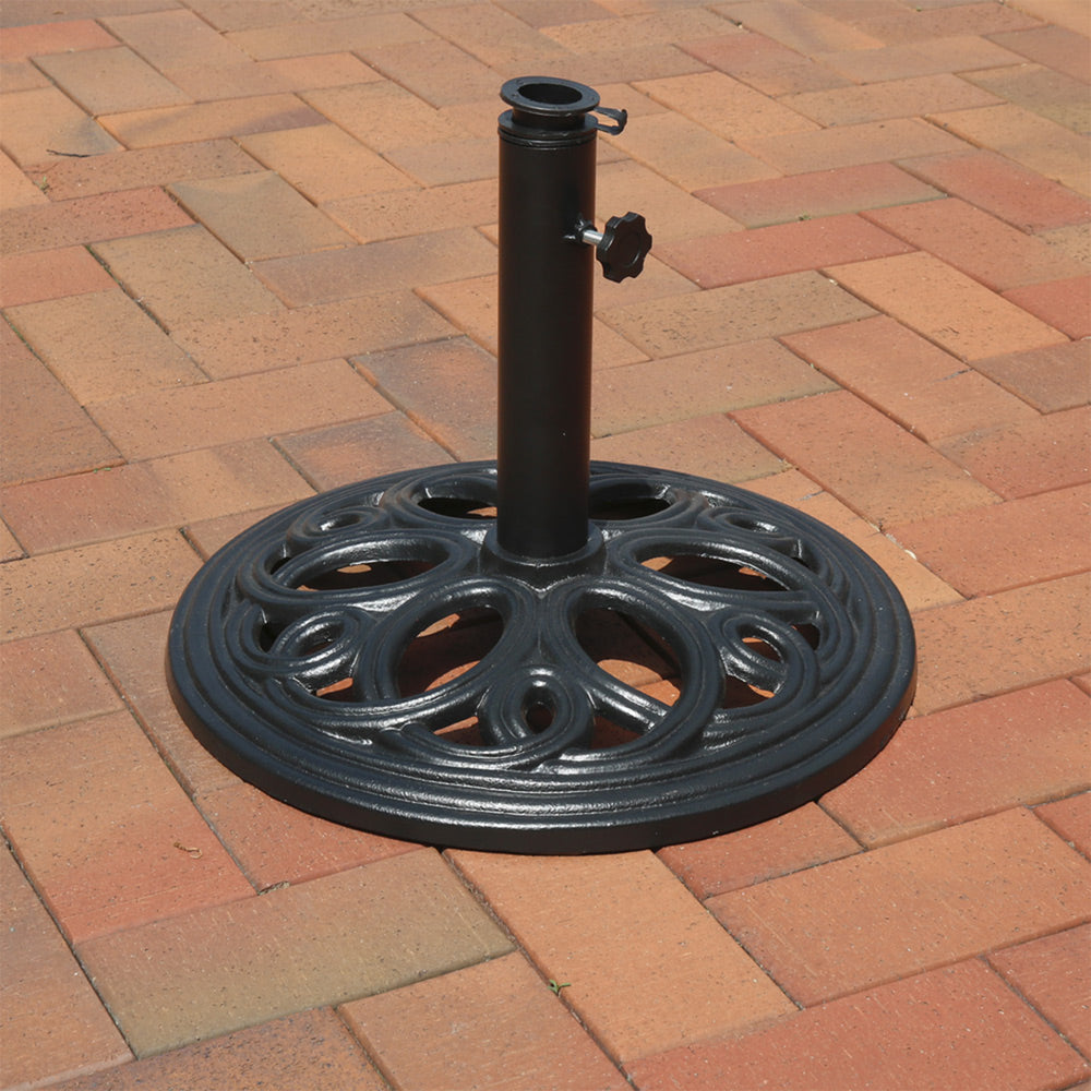 Sunnydaze 18-Inch Round Cast Iron Patio Umbrella Base Black lifestyle outdoor