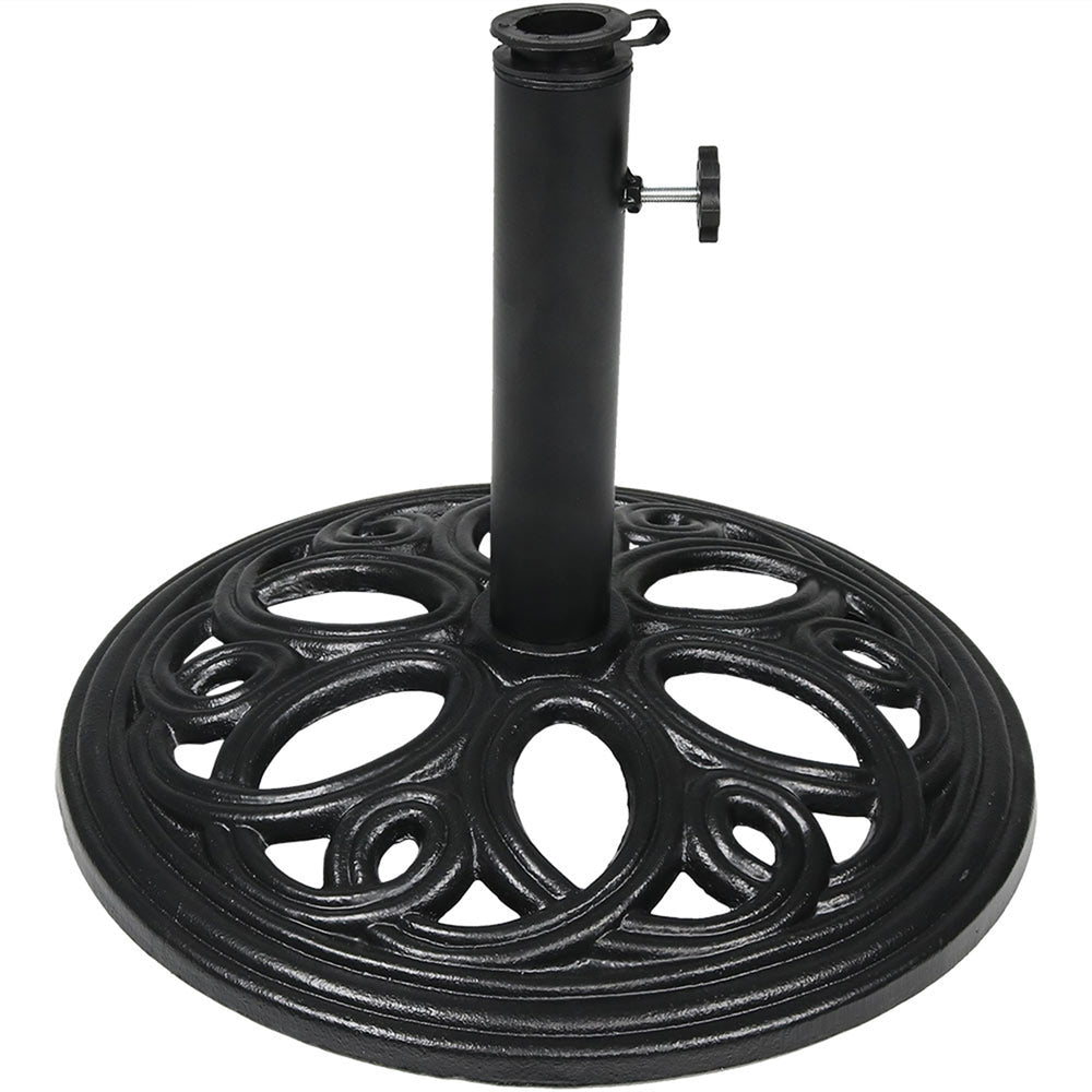 Sunnydaze 18-Inch Round Cast Iron Patio Umbrella Base Black scrolling design detail