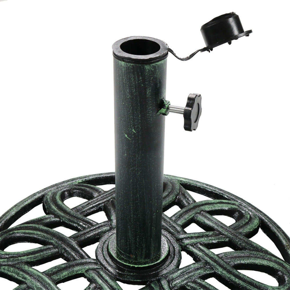 Sunnydaze 17-Inch Round Cast Iron Patio Umbrella Base under table in use