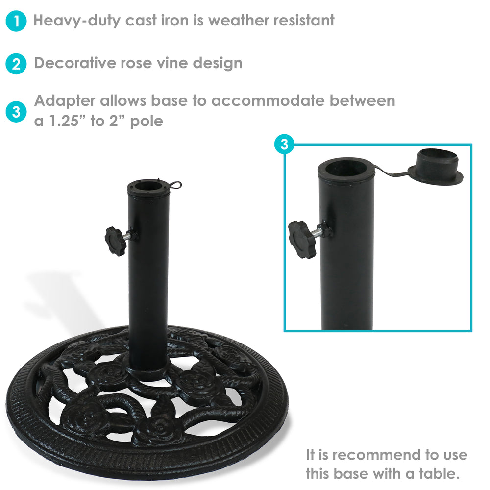 Sunnydaze Rose Blossom Cast Iron Patio Umbrella Base Black rose design detail