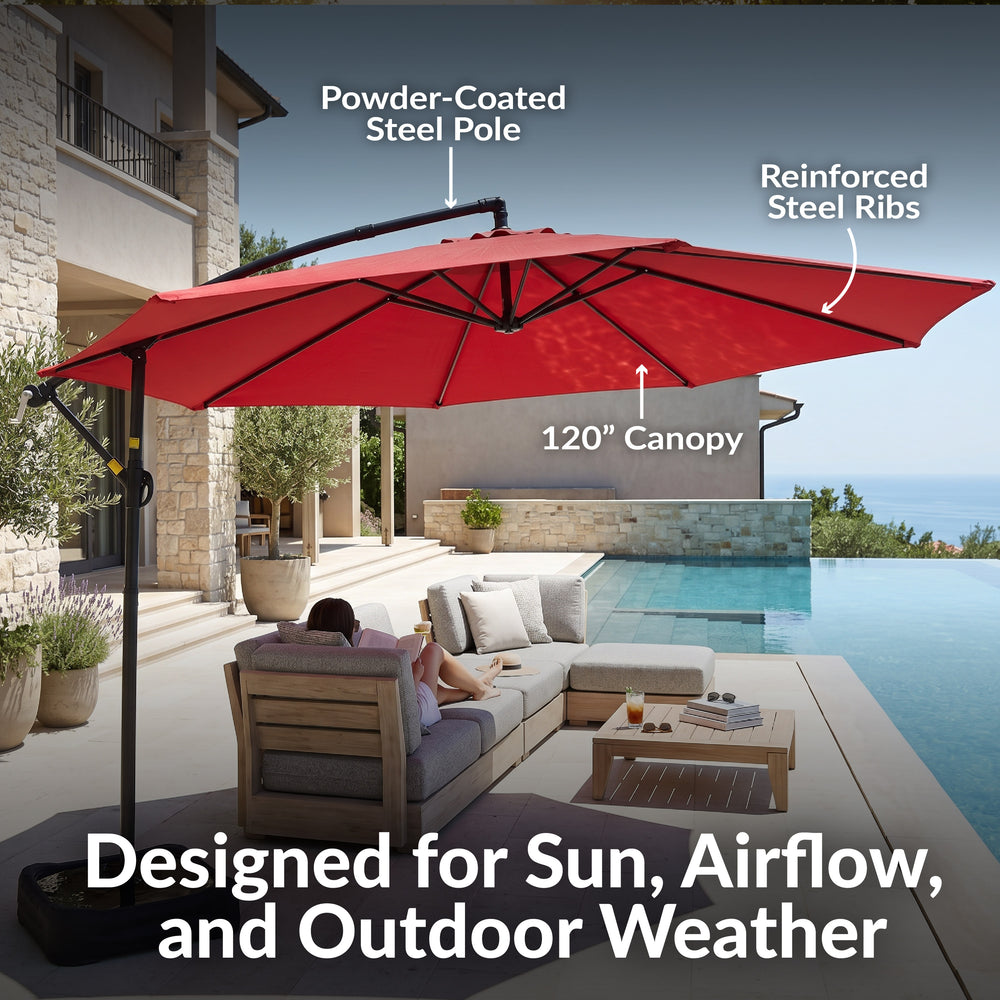 Sunnydaze 10 ft Offset Patio Umbrella with Base Red crank detail