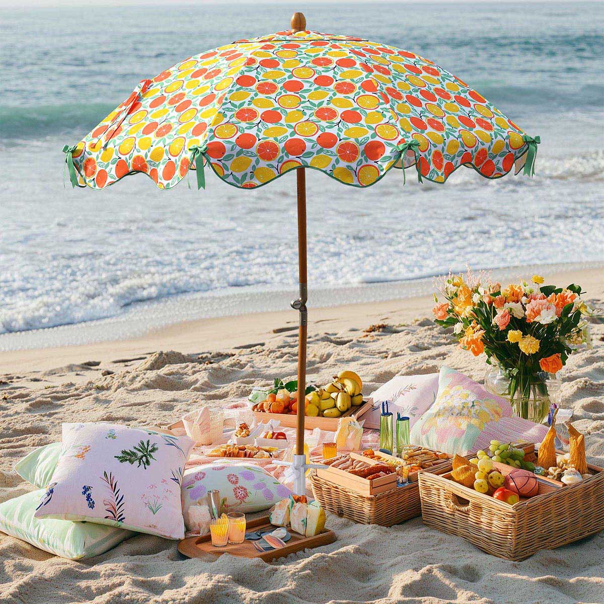 LAGarden 6ft Outdoor Patio Wood Market Umbrella Scalloped Edge 8-Rib