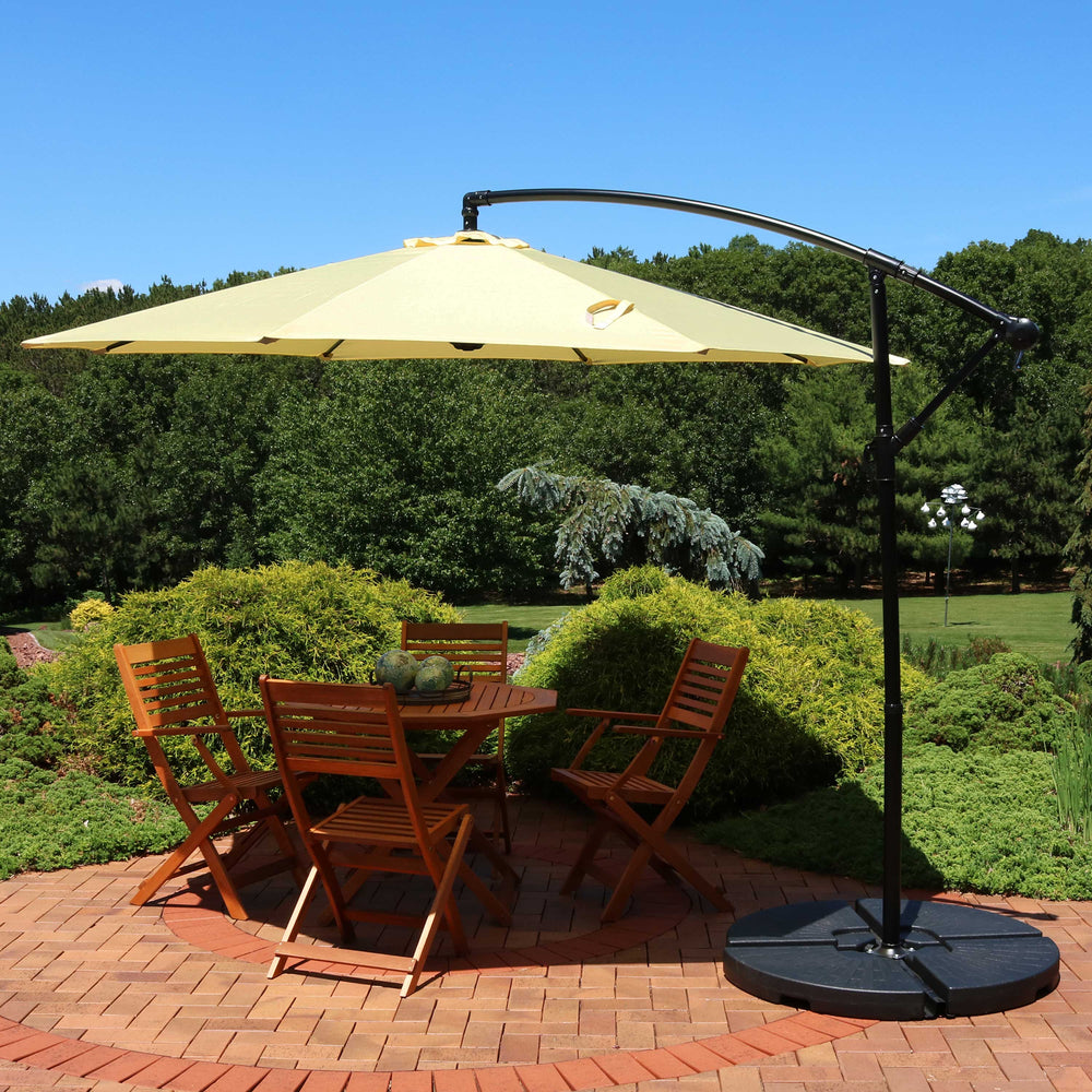 Sunnydaze 9.5 ft Offset Patio Umbrella Pale Buttercup lifestyle outdoor