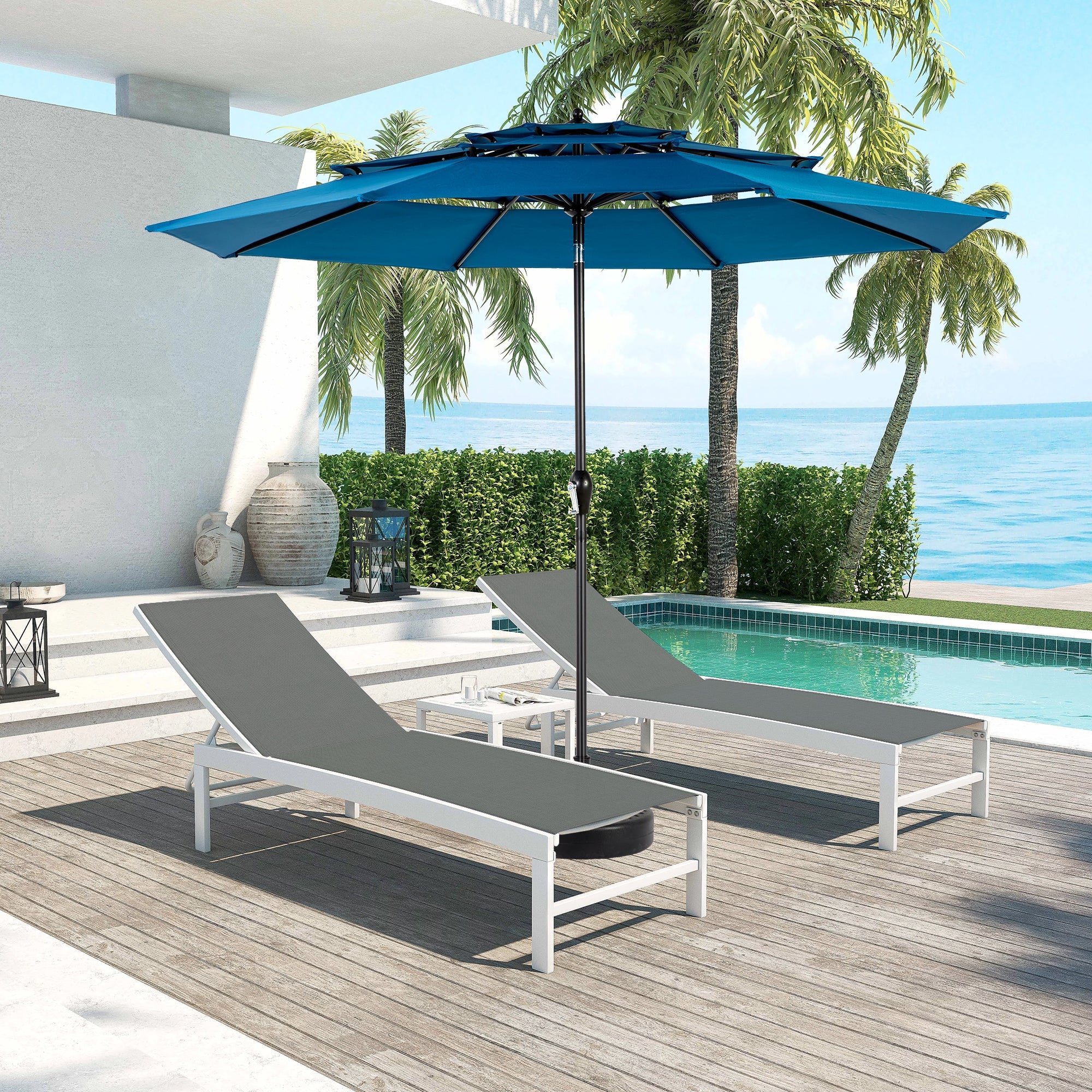Patio Umbrella Auto Tilt 3 Tier Aluminum Dark Blue 10 Ft Crank