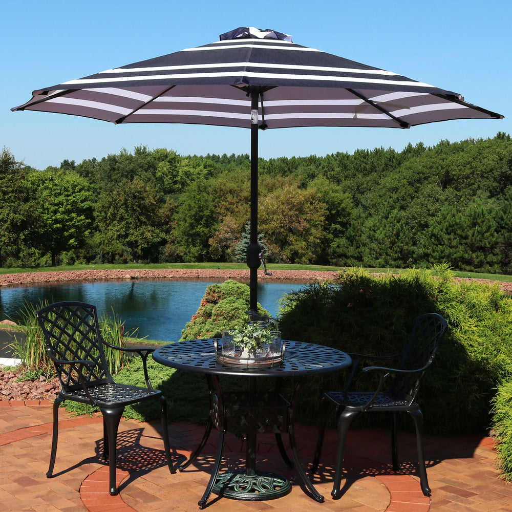 Sunnydaze Aluminum Patio Umbrella Navy Blue Stripe 9ft lifestyle