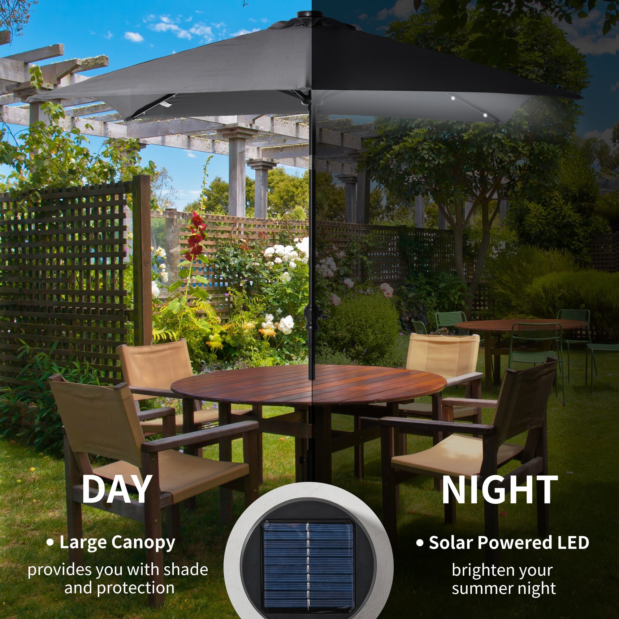 Patio Umbrella Round Solar LED Dark Gray Tiltable 45 Degree Crank