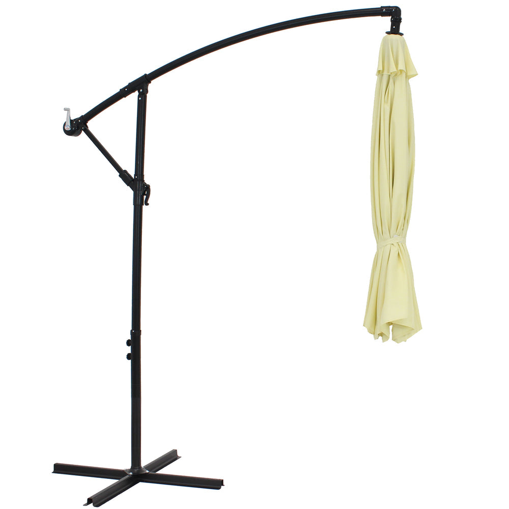 Sunnydaze 9.5 ft Offset Patio Umbrella Pale Buttercup outdoor setting