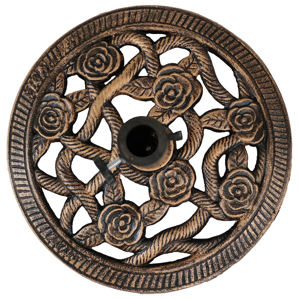 Sunnydaze Rose Blossom Cast Iron Patio Umbrella Base Bronze outdoor patio setting