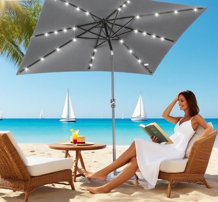 Patio Umbrella Round Solar LED Dark Gray Tiltable 45 Degree Crank