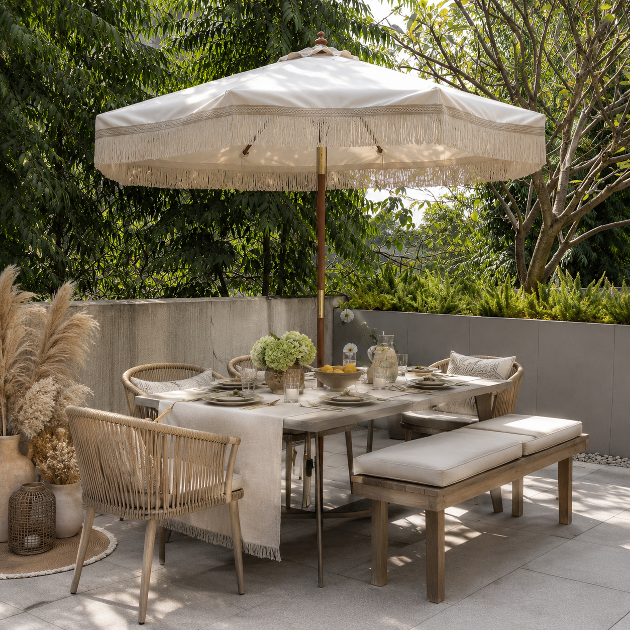 9ft Boho Fringe Umbrella Wood Market Umbrella