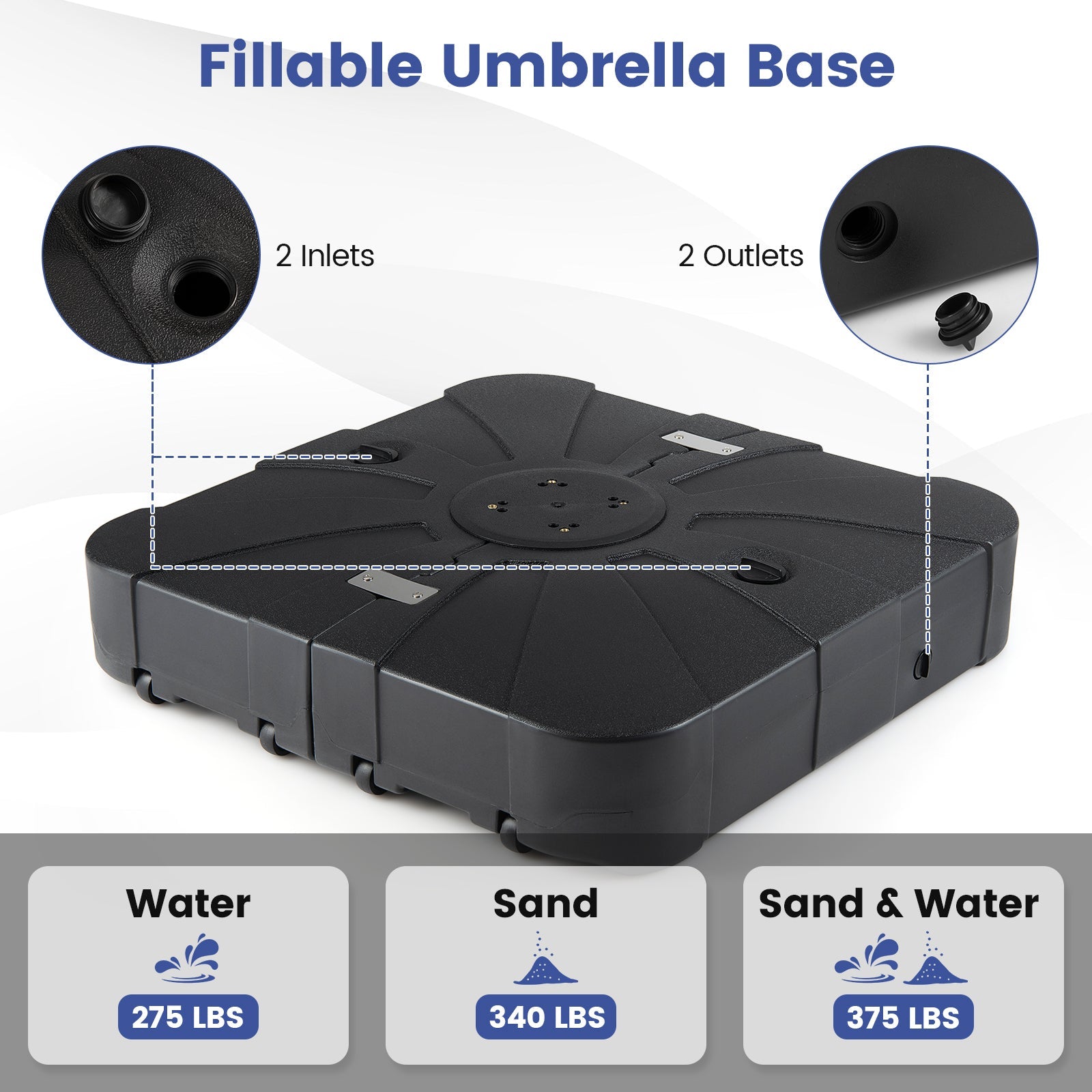 Outdoor Cantilever Umbrella Base Square Water and Sand Fillable Base