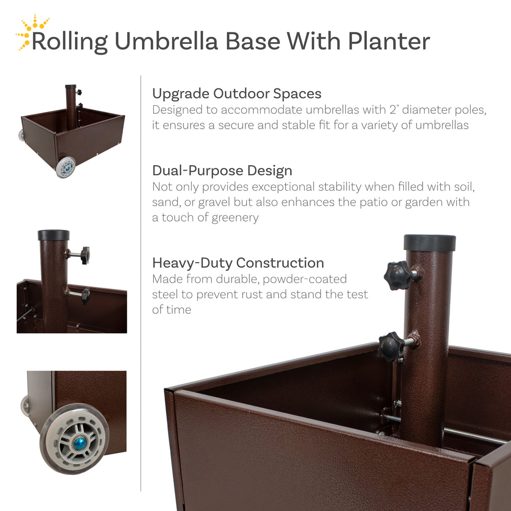 Sunnydaze Umbrella Stand Planter with Wheels Bronze outdoor patio setting