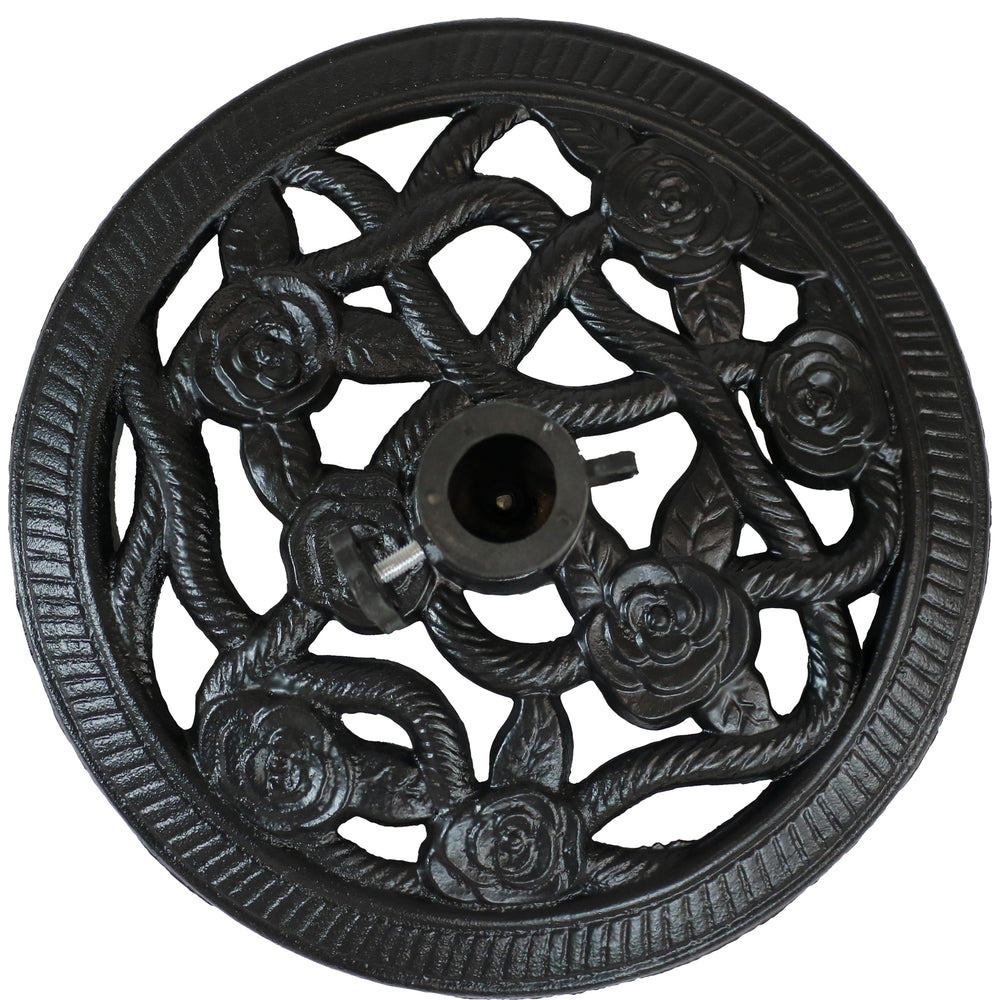 Sunnydaze Rose Blossom Cast Iron Patio Umbrella Base Black outdoor patio setting