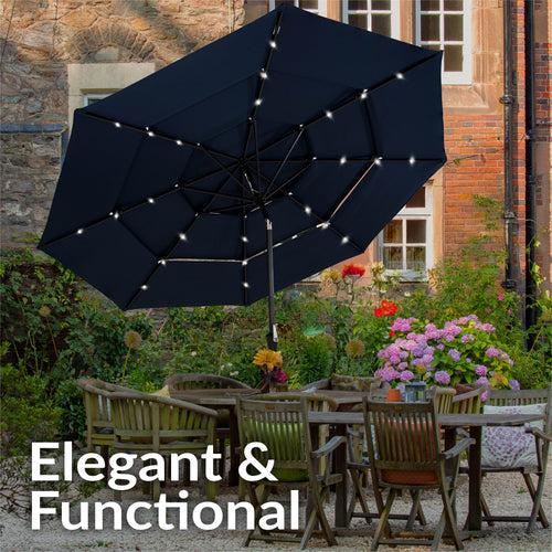 Sunnydaze 10 ft 3-Tier Solar LED Market Umbrella Navy lifestyle outdoor