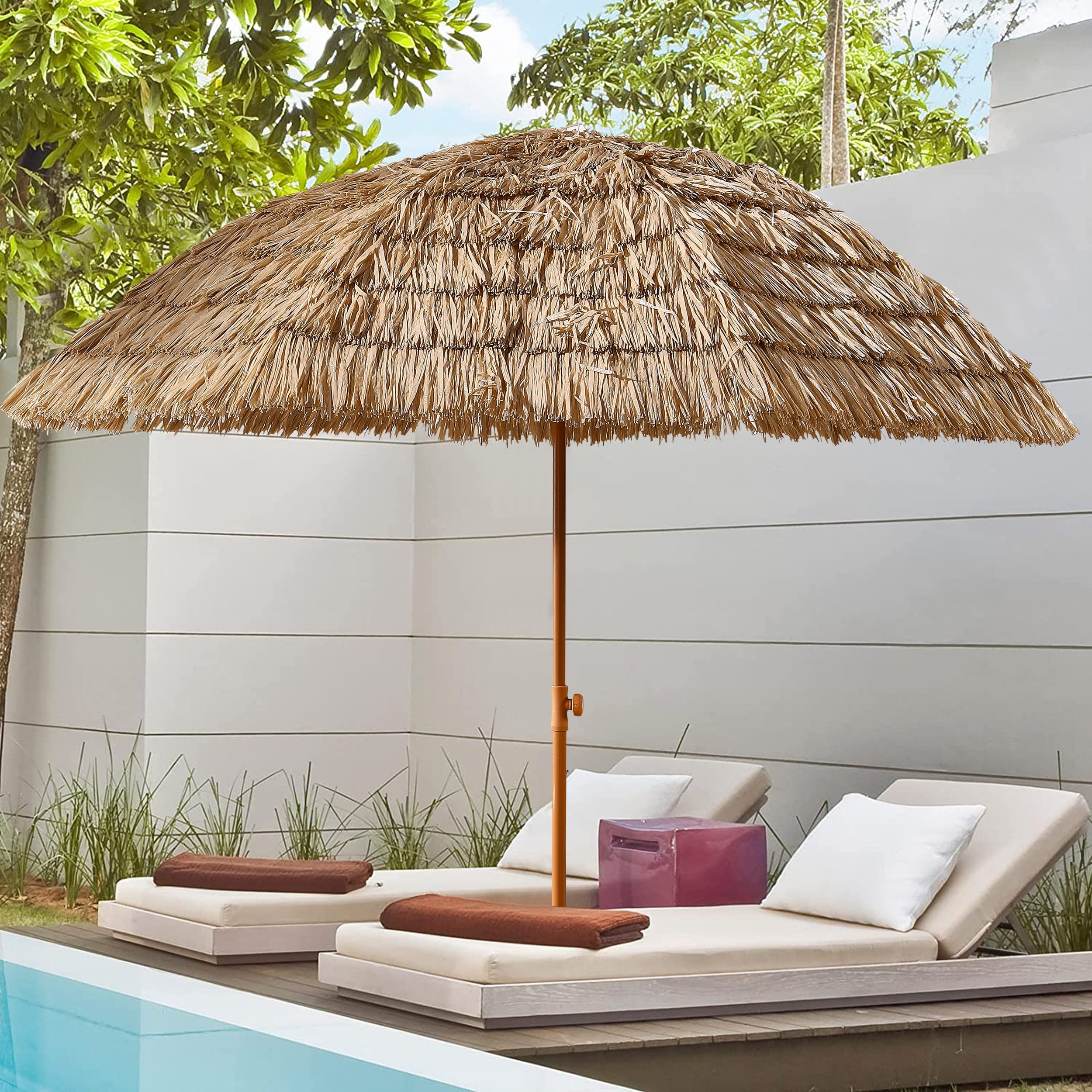 Patio Umbrella Tiki Thatch Style Raffia Brown 8 Ft Tilt Push Button