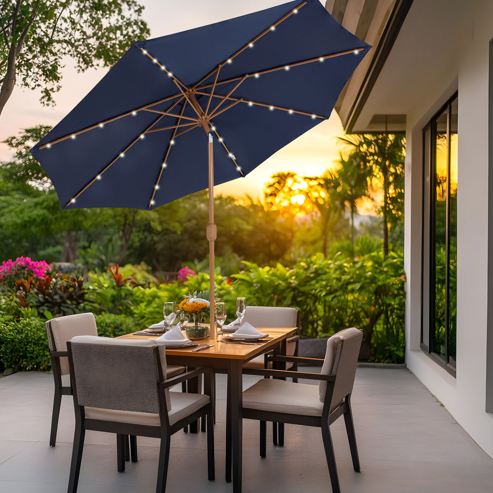 Sunnydaze 8.5 ft Solar Faux Woodgrain Patio Umbrella Navy lifestyle outdoor