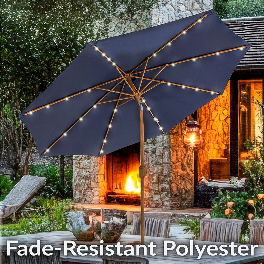 Sunnydaze 8.5 ft Solar Faux Woodgrain Patio Umbrella Navy push button tilt detail