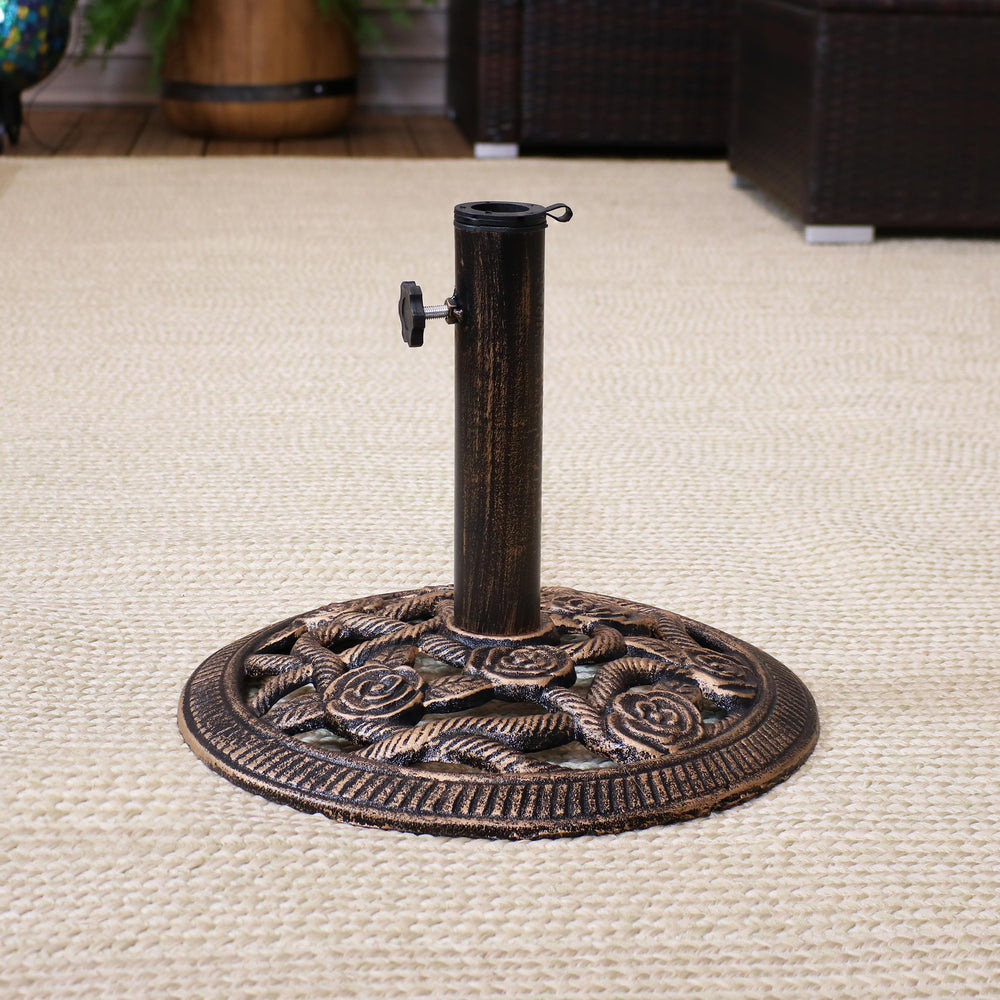 Sunnydaze Rose Blossom Cast Iron Patio Umbrella Base Bronze lifestyle outdoor