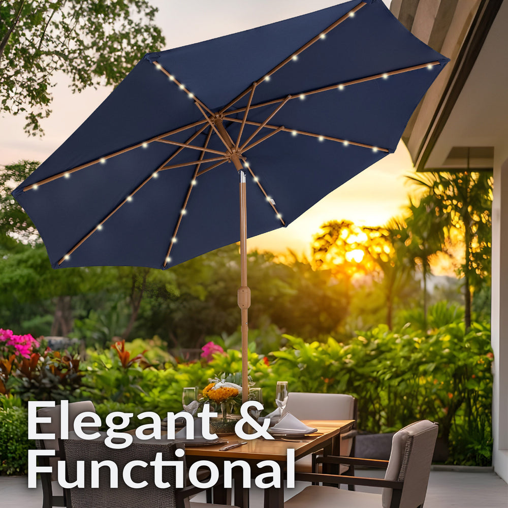 Sunnydaze 8.5 ft Solar Faux Woodgrain Patio Umbrella Navy woodgrain pole detail