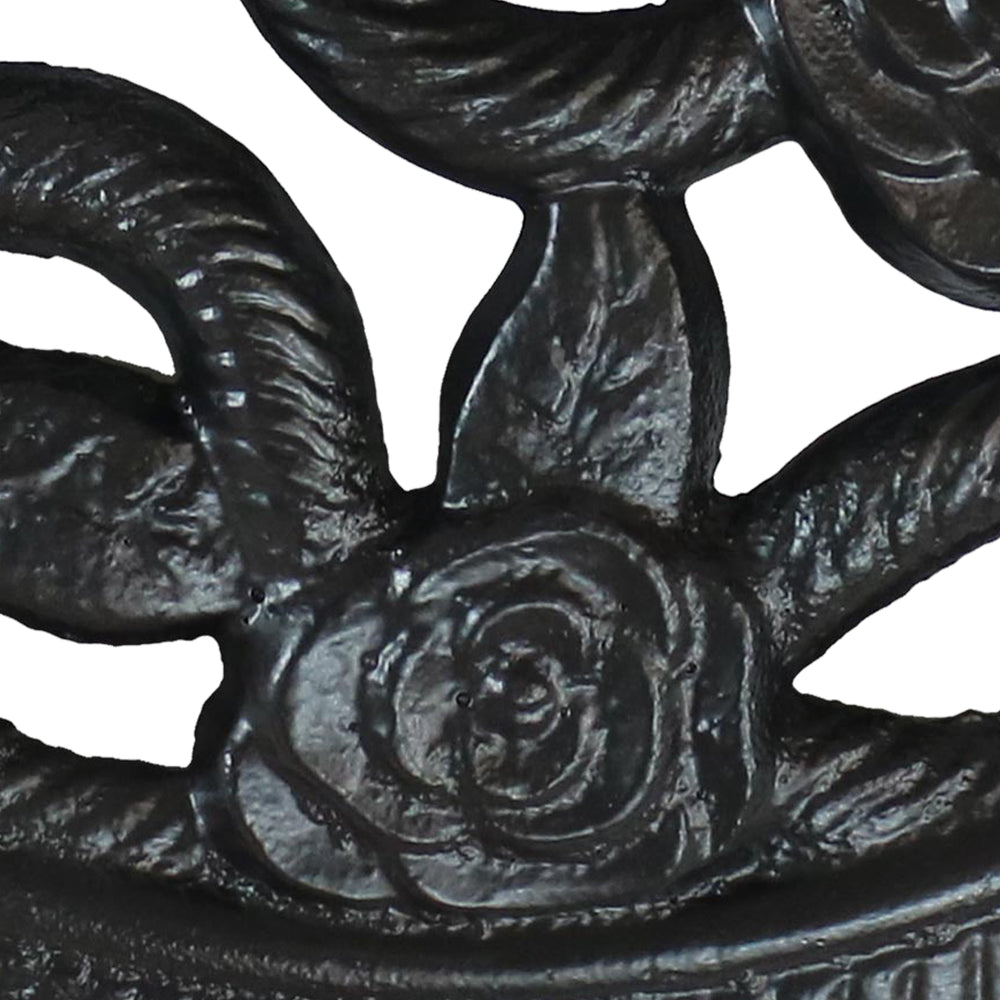 Sunnydaze Rose Blossom Cast Iron Patio Umbrella Base Black under table in use