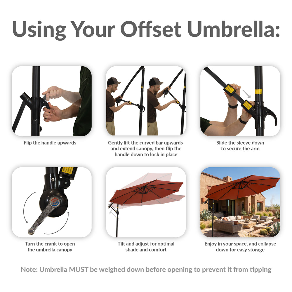 Sunnydaze 10 ft Offset Patio Umbrella with Base Burnt Orange outdoor setting