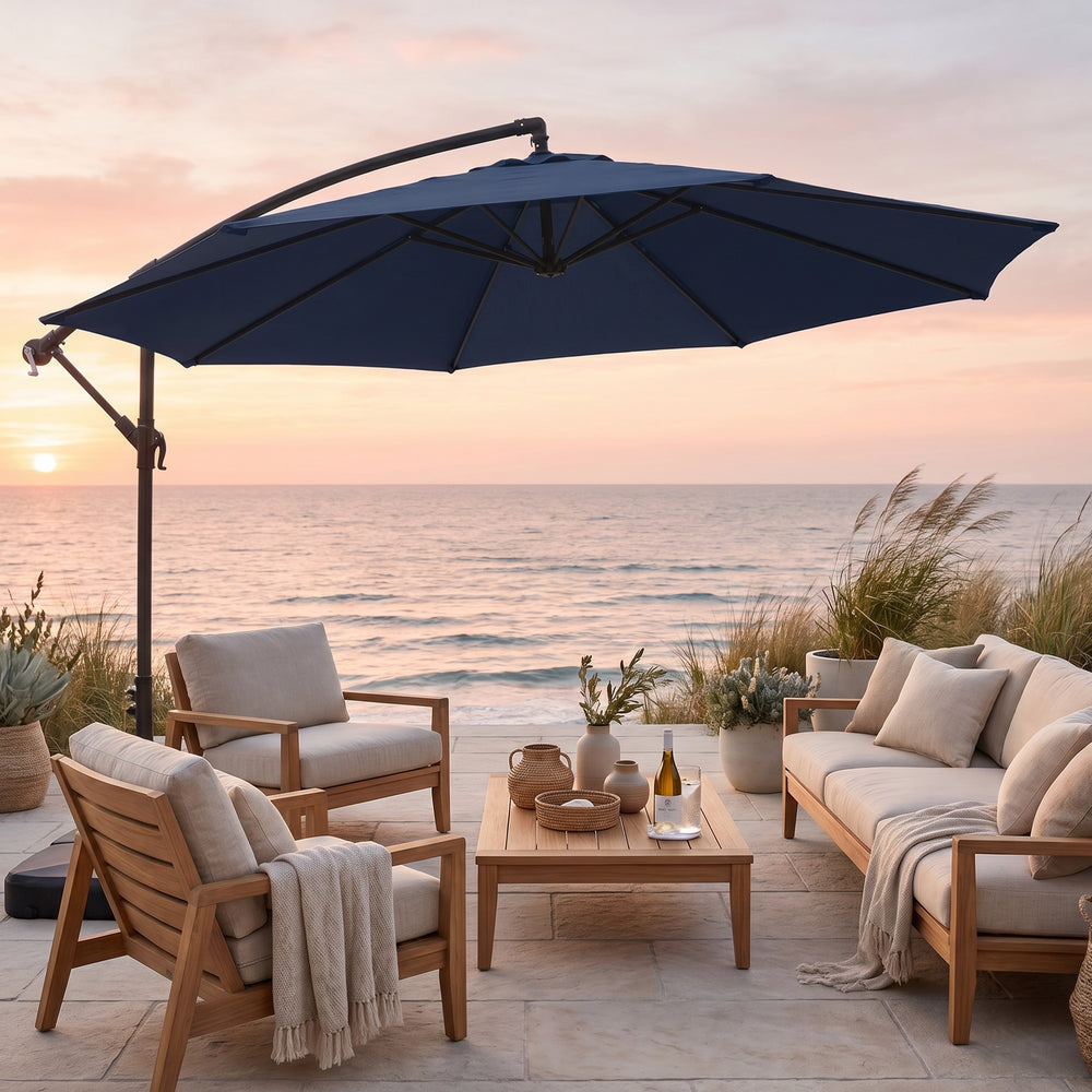 Sunnydaze 10 ft Offset Patio Umbrella with Base Navy lifestyle outdoor