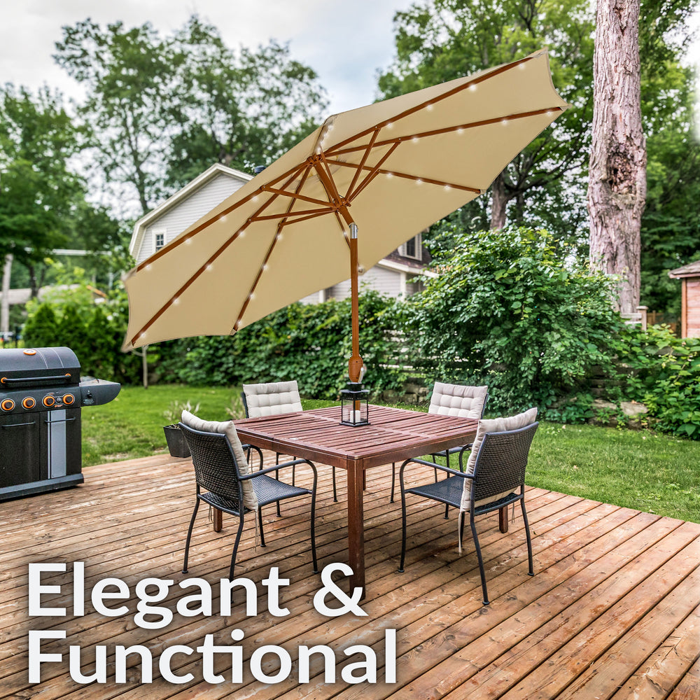 Sunnydaze 8.5 ft Solar Faux Woodgrain Patio Umbrella Beige woodgrain pole detail