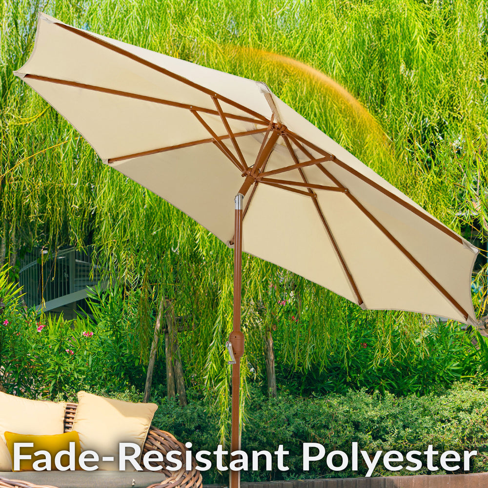 Sunnydaze 8.5 ft Faux Woodgrain Patio Umbrella Beige outdoor patio setting