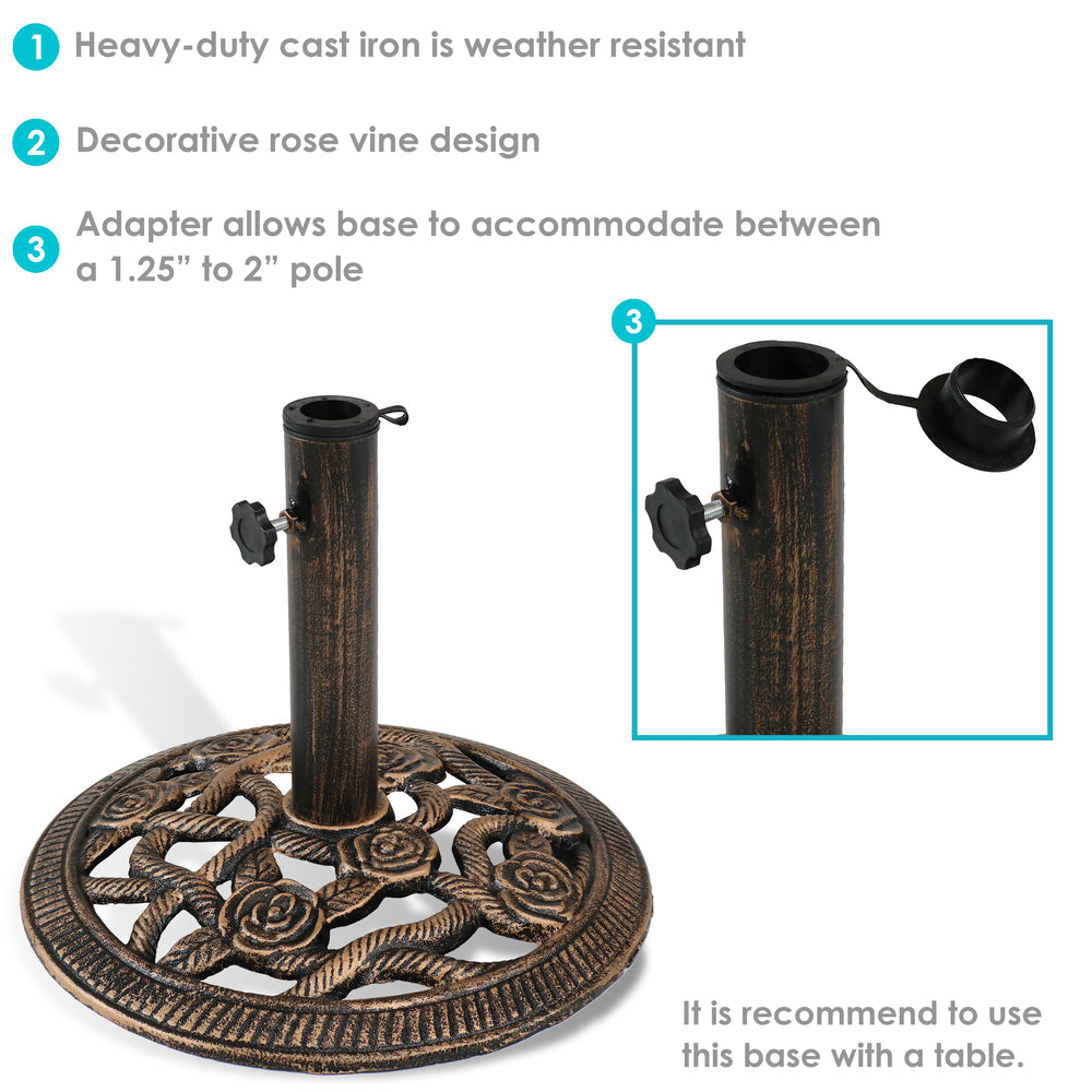 Sunnydaze Rose Blossom Cast Iron Patio Umbrella Base Bronze rose design detail