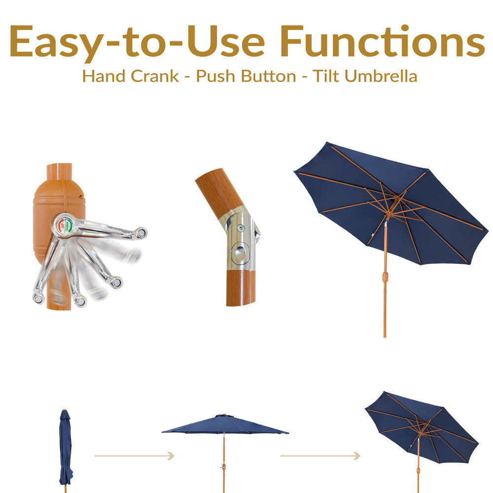 Sunnydaze 8.5 ft Faux Woodgrain Patio Umbrella Navy crank detail