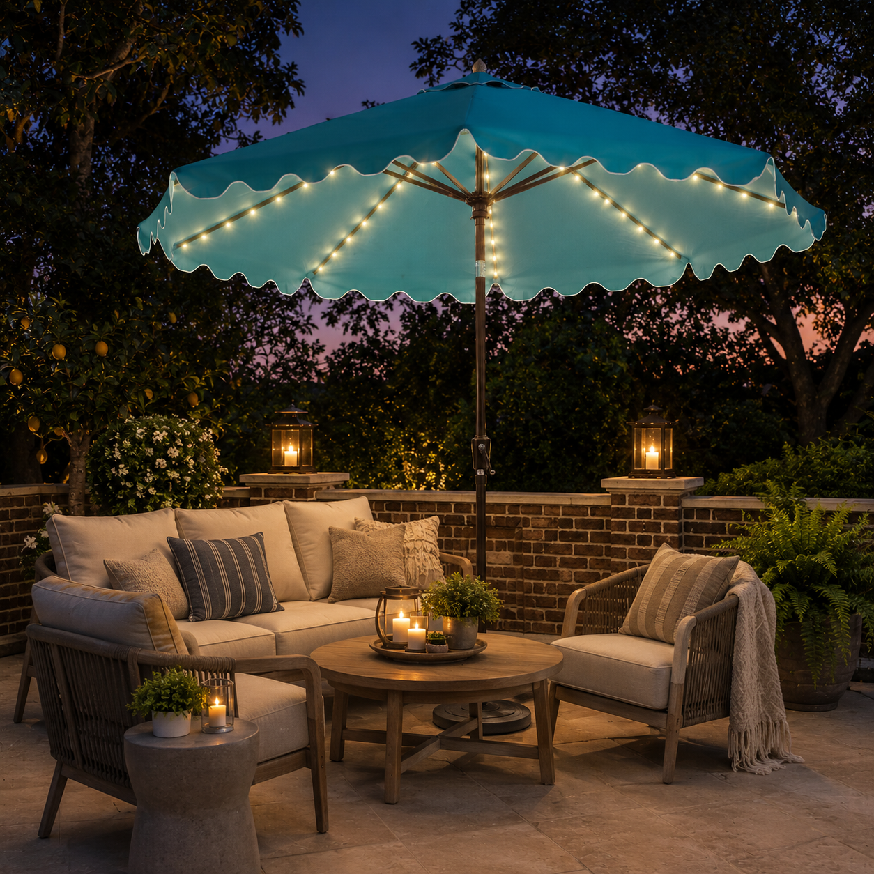 9 FT Outdoor Patio Umbrella with Solar LED Lights and Weighted Base