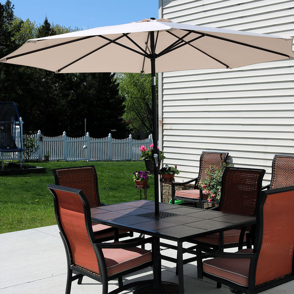 Sunnydaze Aluminum Patio Umbrella Beige 9ft lifestyle outdoor